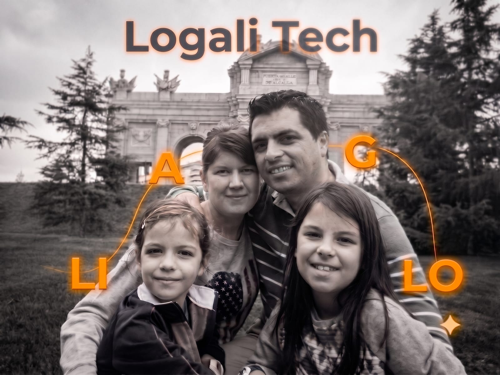 La familia Scurtu ante la Puerta de Alcalá en Madrid: Gheorghe, Adina, Lorena y Alisia, con las sílabas Lo, g, a, li junto a cada uno