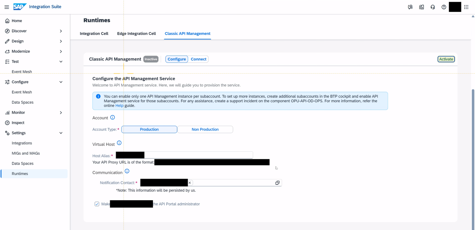 Tenant productivo: formulario Configure the API Management Service con Account Type, Host Alias, Notification Contact y la casilla de administrador del API Portal