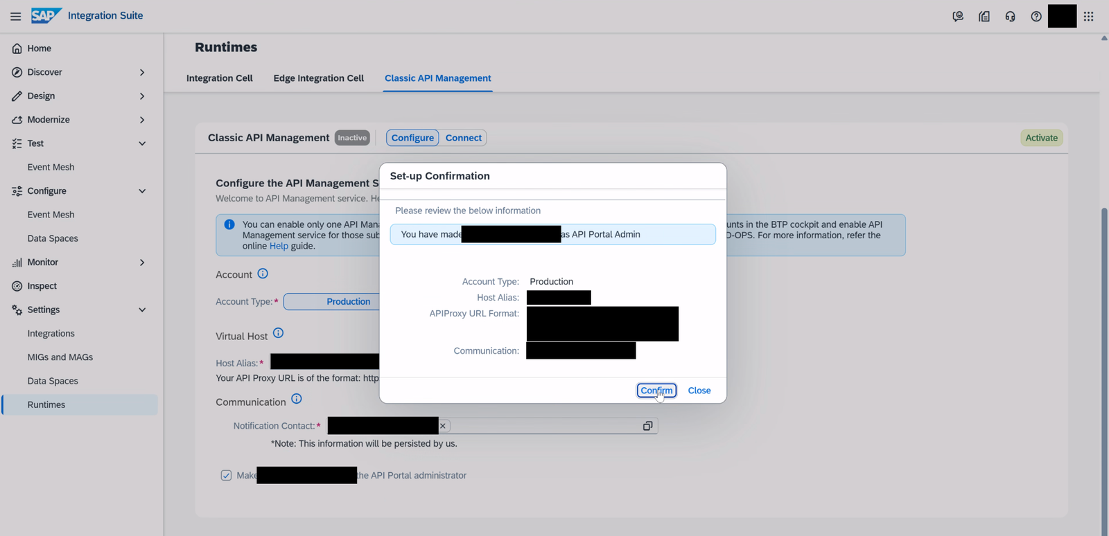 Tenant productivo: ventana Set-up Confirmation con Account Type Production y los botones Confirm y Close