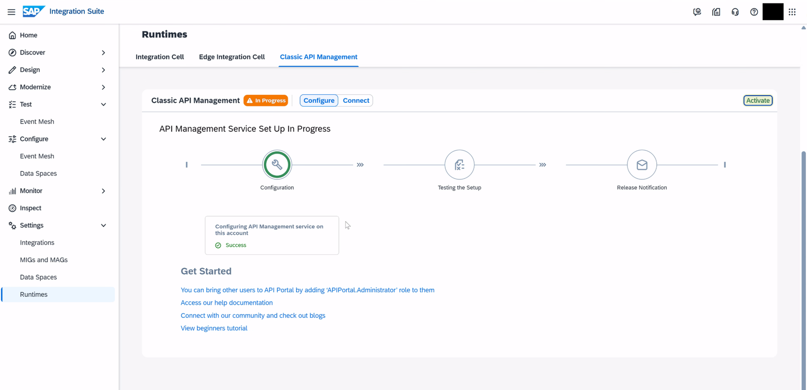 Tenant productivo: Classic API Management en estado In Progress, con la fase Configuration terminada y Testing the Setup y Release Notification pendientes