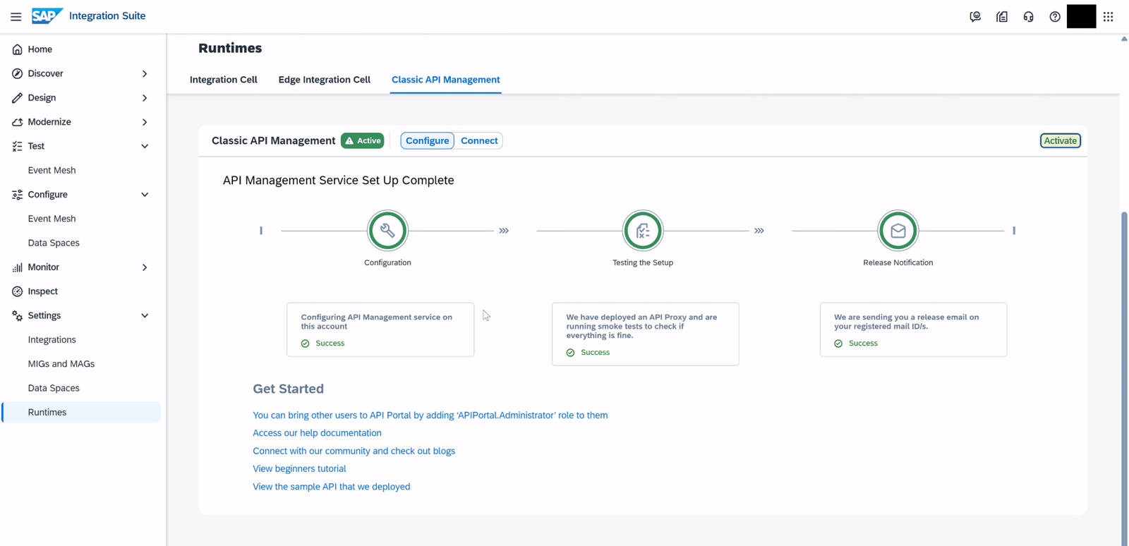 Tenant productivo: API Management Service Set Up Complete, con las fases Configuration, Testing the Setup y Release Notification en Success