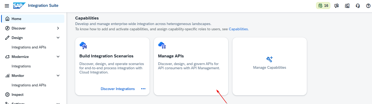 Página de inicio de Integration Suite en un entorno trial: la tarjeta Manage APIs aparece sin enlaces porque el runtime de API Management no está activado