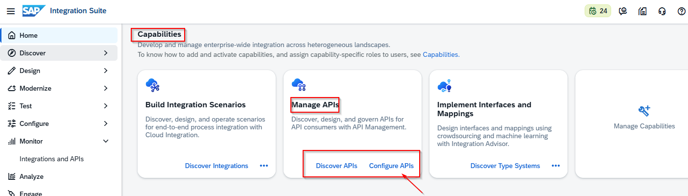 Página de inicio en un entorno trial después de activar el runtime: la tarjeta Manage APIs ya muestra Discover APIs y Configure APIs