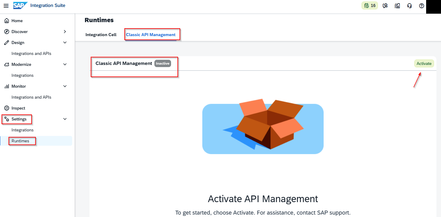 Entorno trial: pestaña Classic API Management de Settings > Runtimes en estado Inactive, con el botón Activate arriba a la derecha y el mensaje Activate API Management