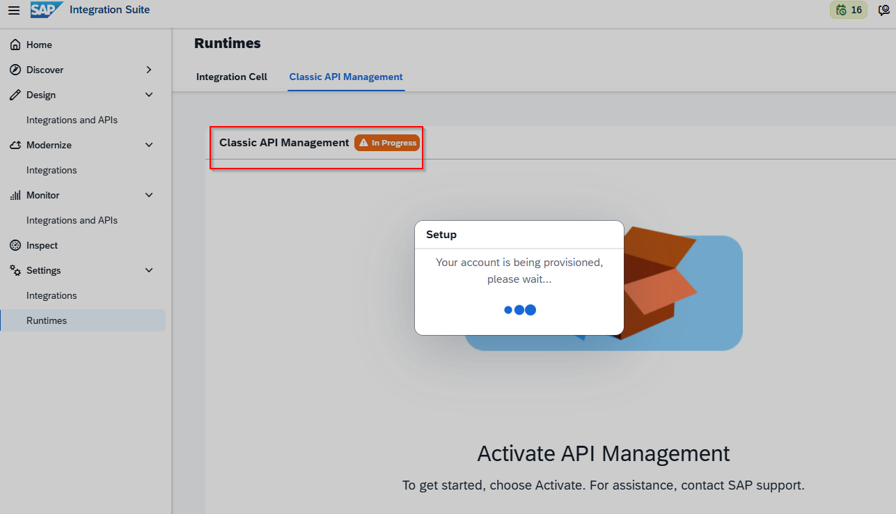 Entorno trial: Classic API Management en estado In Progress, con la ventana Setup y el mensaje Your account is being provisioned, please wait