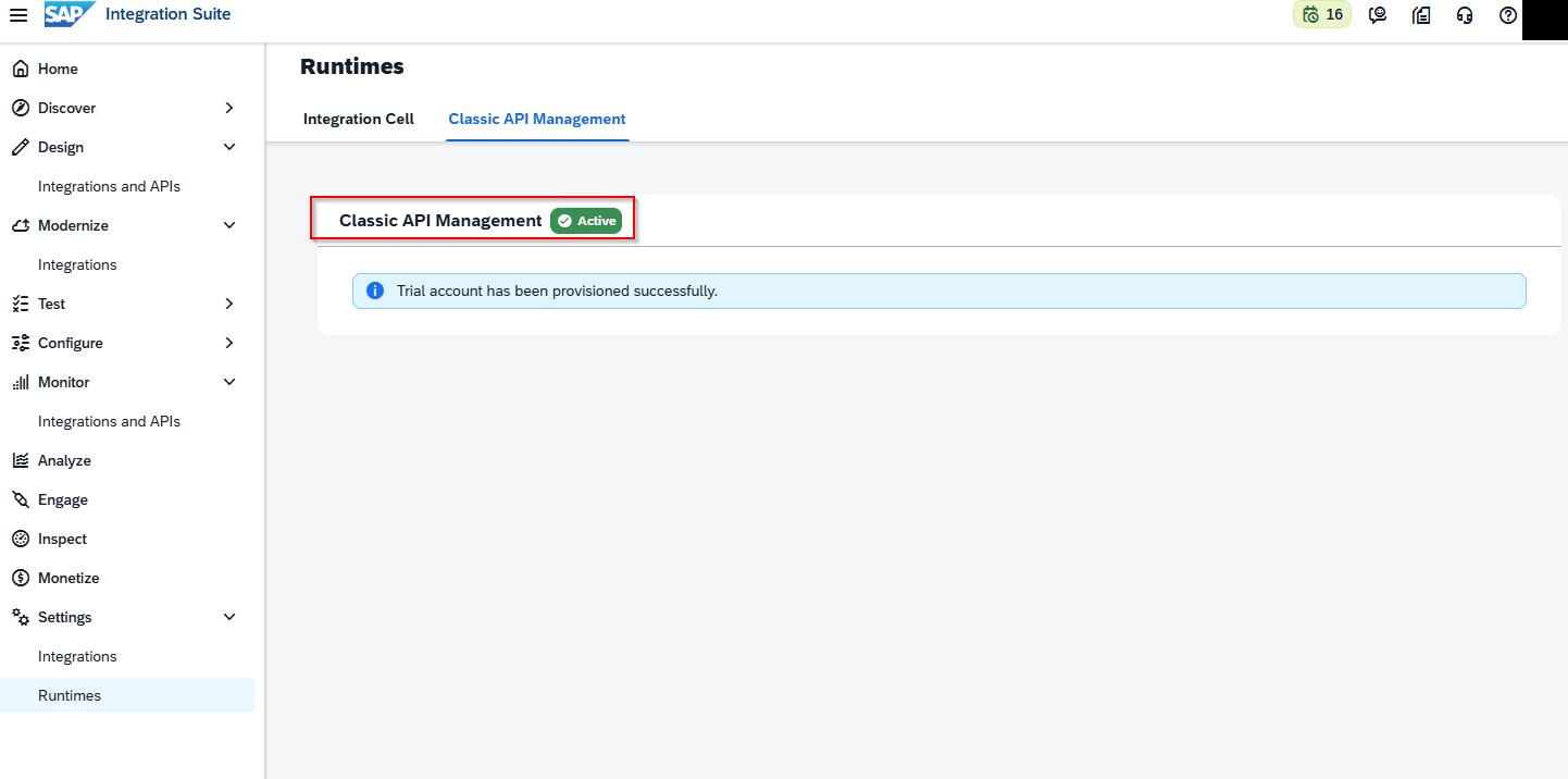 Entorno trial: pestaña Classic API Management en estado Active, con el mensaje Trial account has been provisioned successfully y el menú lateral con Test, Configure, Analyze, Engage y Monetize