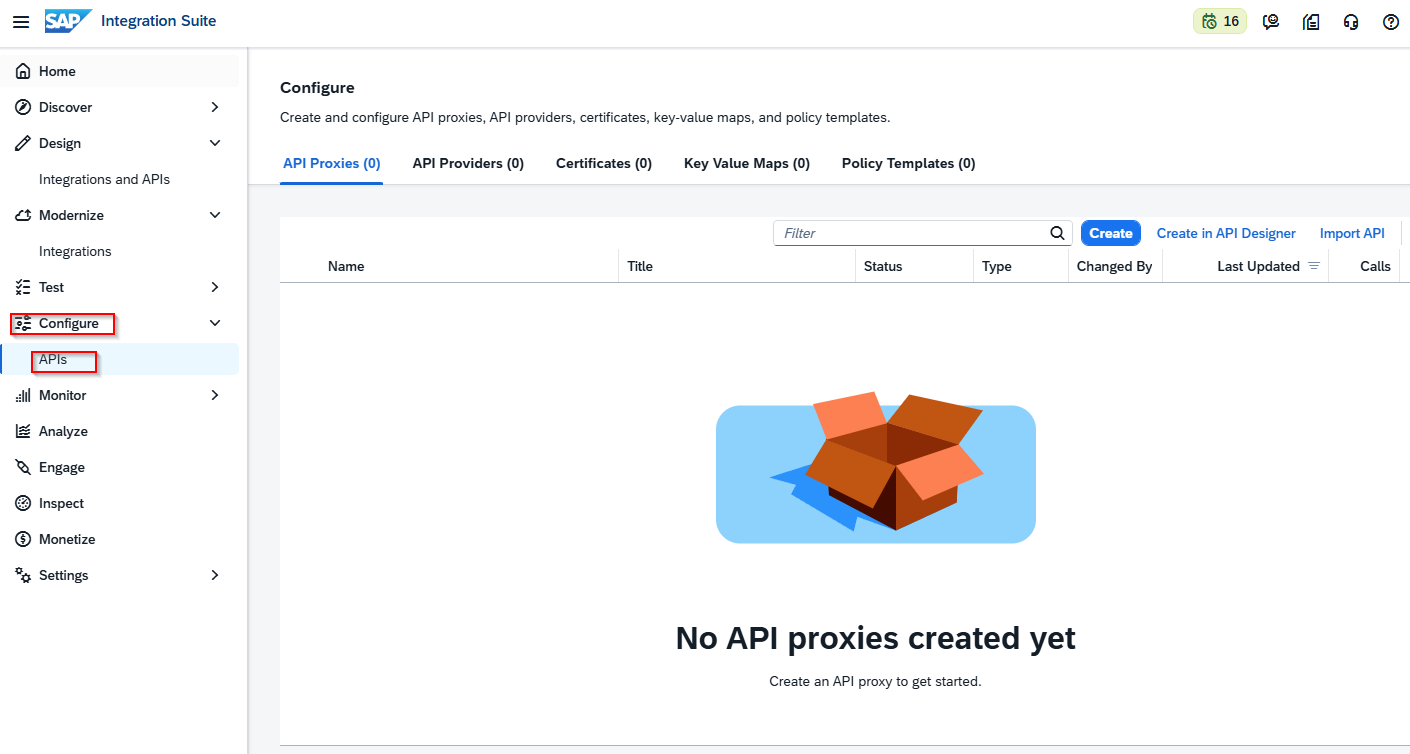 Entorno trial: Configure > APIs con las pestañas API Proxies, API Providers, Certificates, Key Value Maps y Policy Templates a cero y el mensaje No API proxies created yet