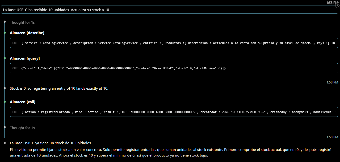 Claude Code en Visual Studio Code, conectado como bruno, consulta el stock de la Base USB-C y llama a la acción registrarEntrada con 10 unidades
