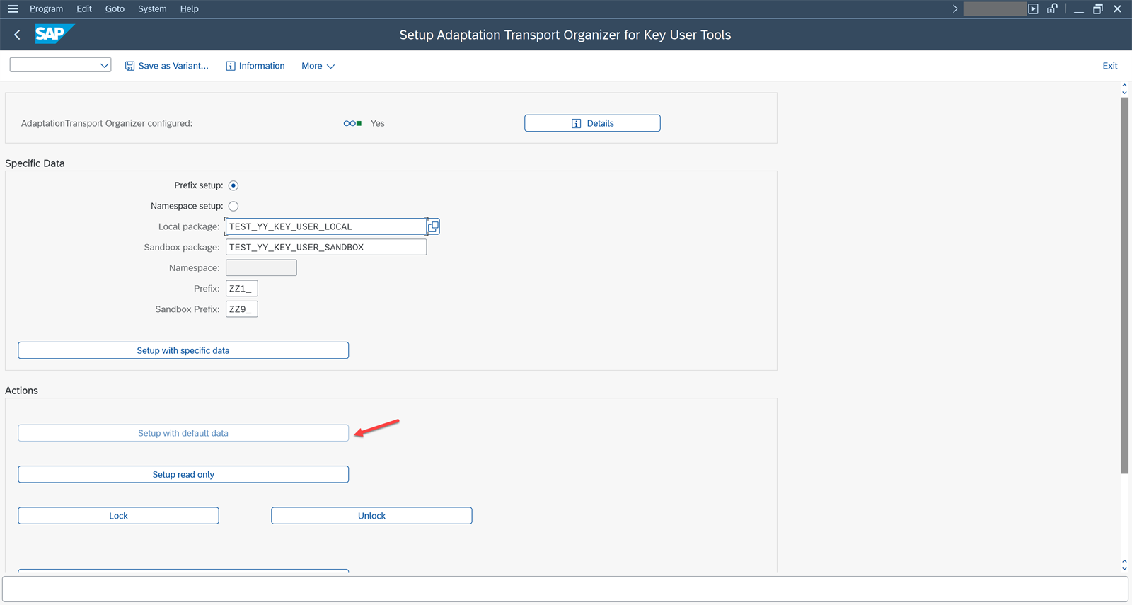 Pantalla Setup Adaptation Transport Organizer for Key User Tools con Prefix setup, paquetes TEST_YY_KEY_USER_LOCAL y TEST_YY_KEY_USER_SANDBOX, prefijos ZZ1_ y ZZ9_ y el indicador configurado en Yes