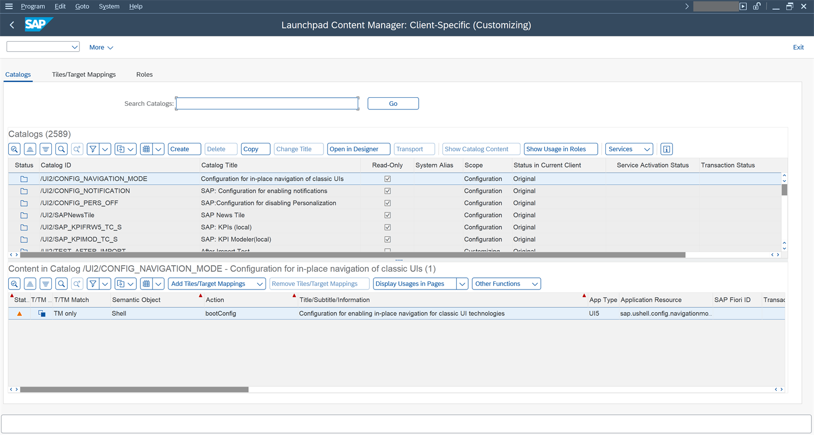 Launchpad Content Manager Client-Specific (Customizing) con la pestaña Catalogs y la lista de catálogos