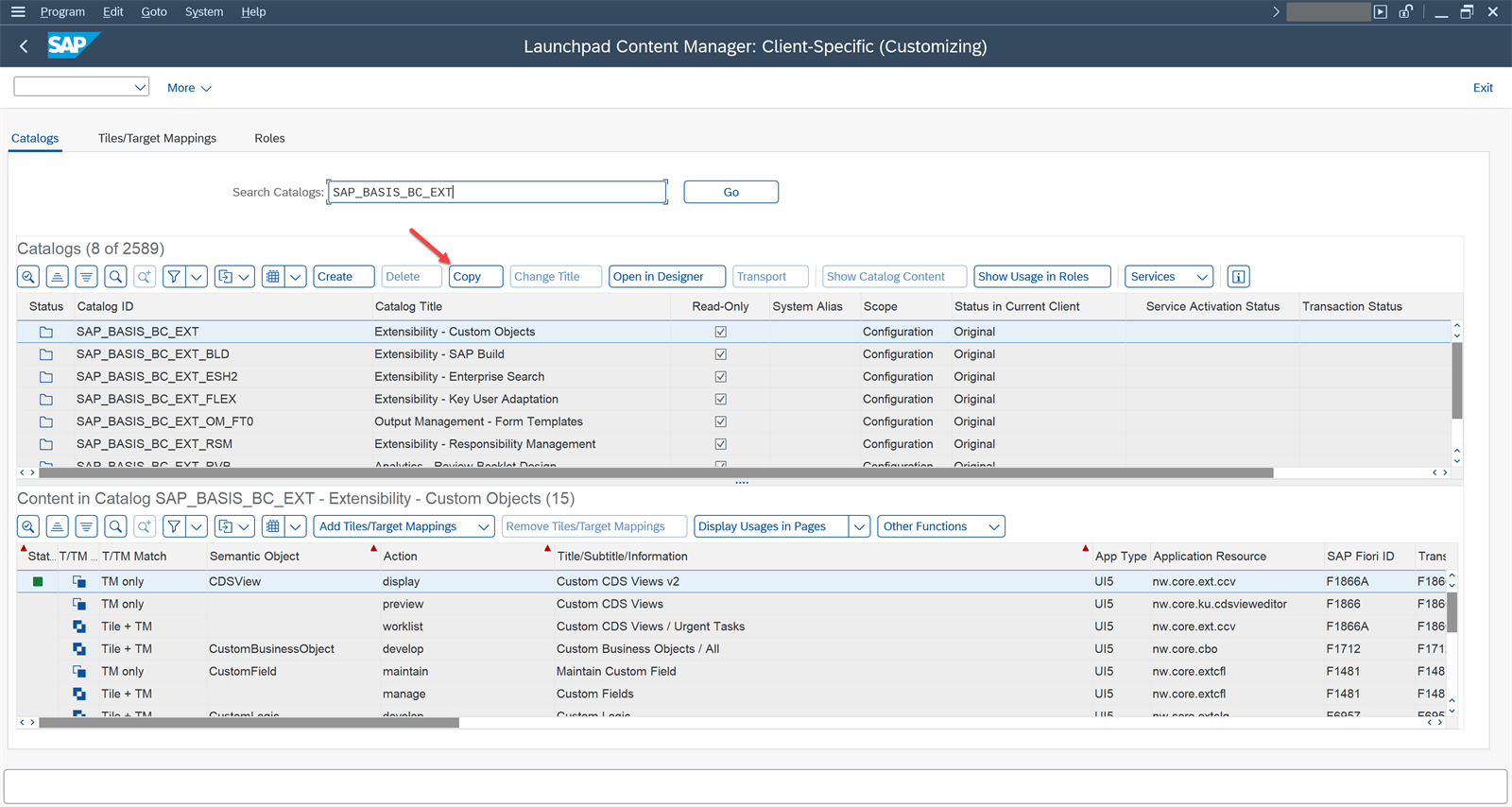 Búsqueda del catálogo SAP_BASIS_BC_EXT, Extensibility - Custom Objects, con el botón Copy señalado y el contenido del catálogo en la parte inferior