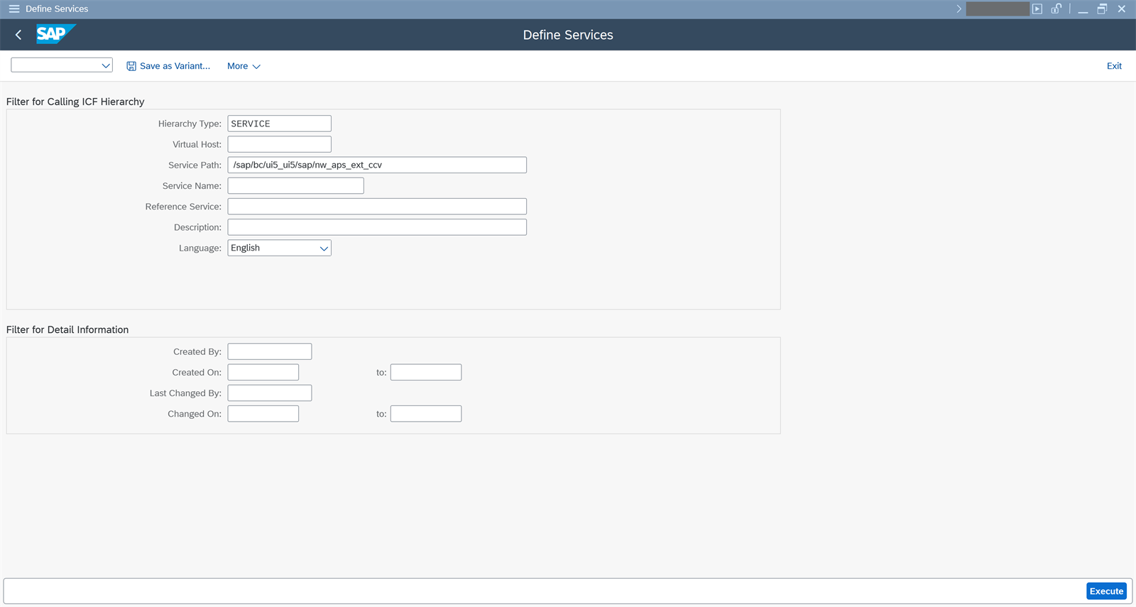 Pantalla Define Services de SICF con la ruta /sap/bc/ui5_ui5/sap/nw_aps_ext_ccv en el campo Service Path