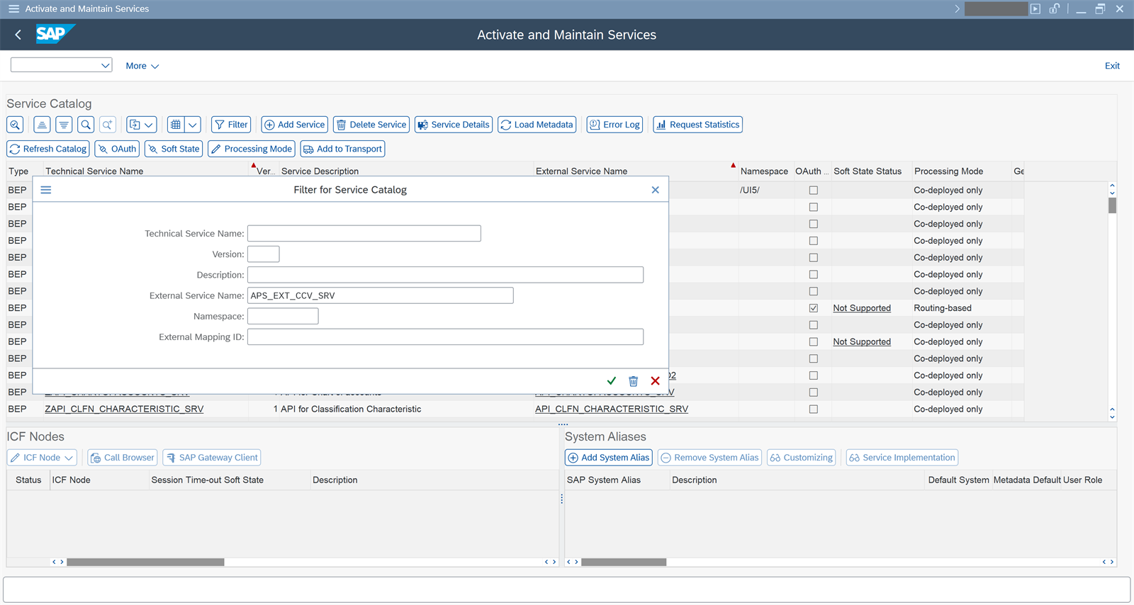 Ventana Filter for Service Catalog con APS_EXT_CCV_SRV en el campo External Service Name