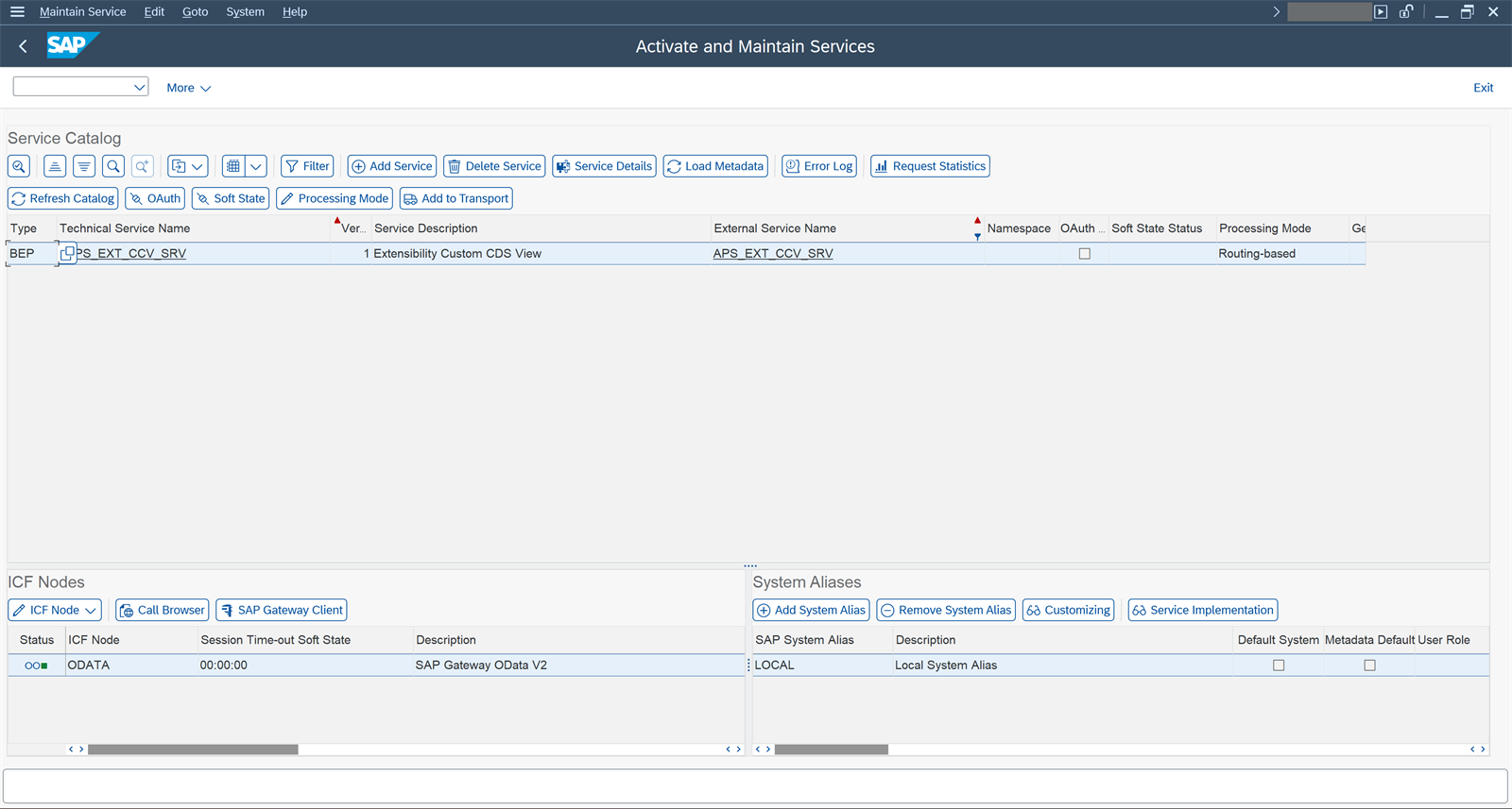 Servicio APS_EXT_CCV_SRV en el catálogo, con el nodo ICF ODATA activo y el alias de sistema LOCAL