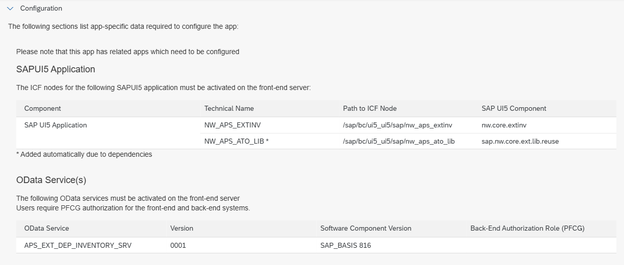 Sección Configuration de Extensibility Inventory en la Fiori Apps Reference Library
