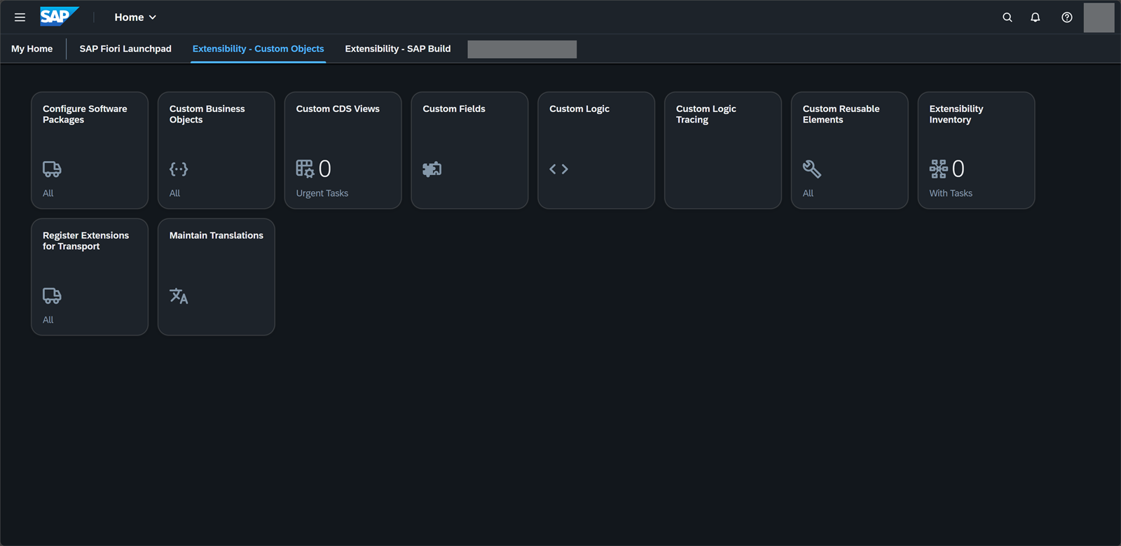 Pestaña Extensibility - Custom Objects en el Fiori Launchpad con los diez tiles de extensibilidad