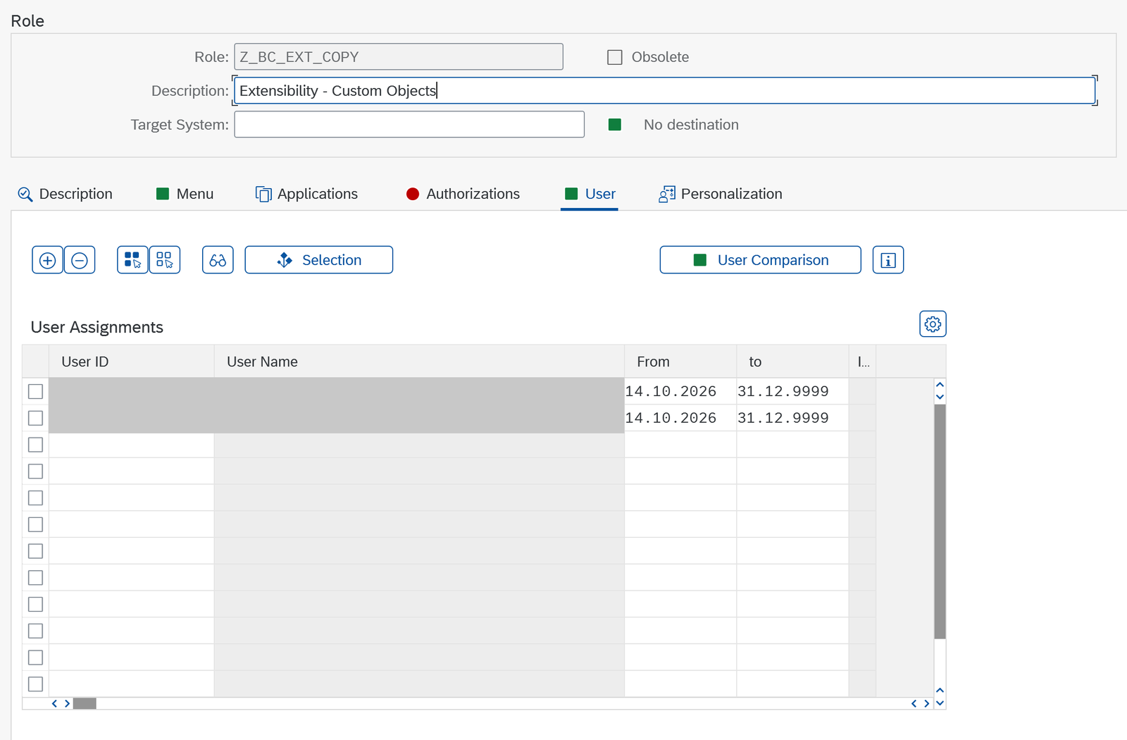 Pestaña User del rol Z_BC_EXT_COPY en PFCG con la tabla User Assignments, donde se asigna el rol a los usuarios