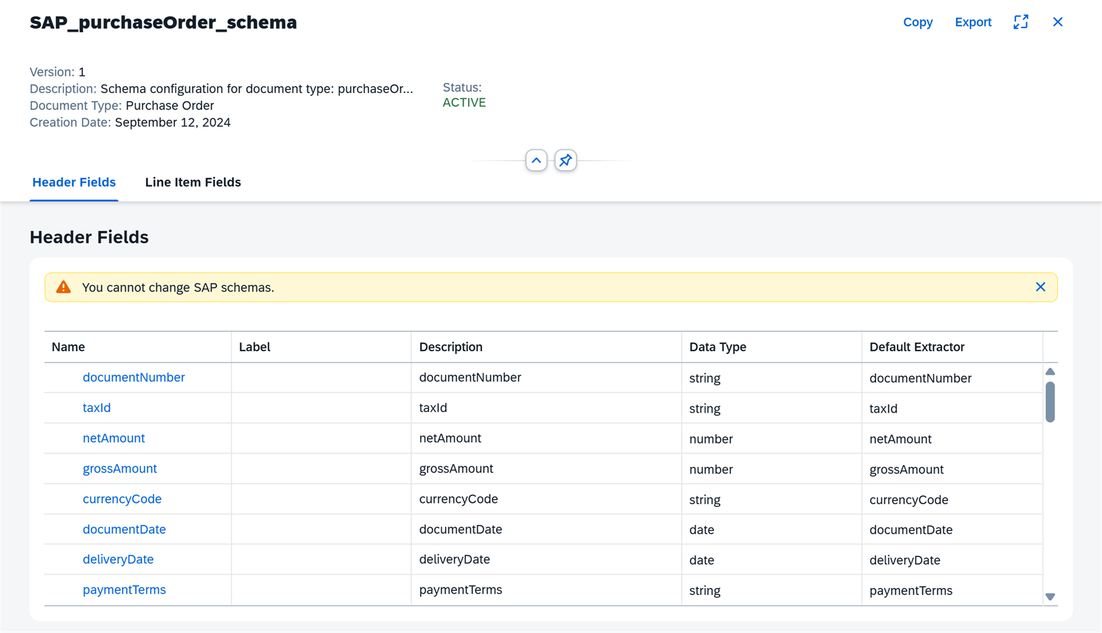 Schema estándar SAP_purchaseOrder_schema: campos de cabecera con su tipo de dato y el aviso «You cannot change SAP schemas»