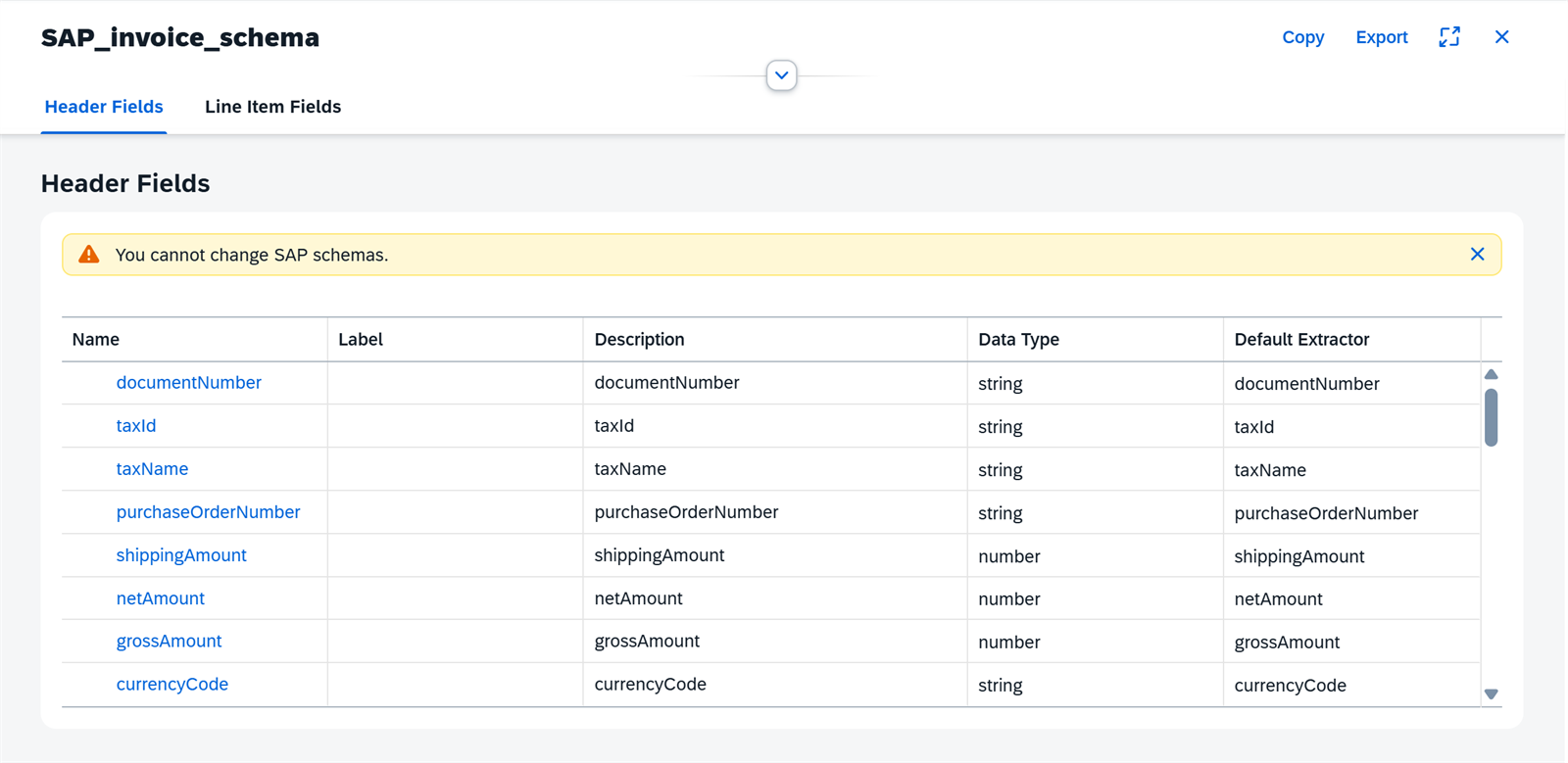 Schema estándar SAP_invoice_schema: campos de cabecera de una factura
