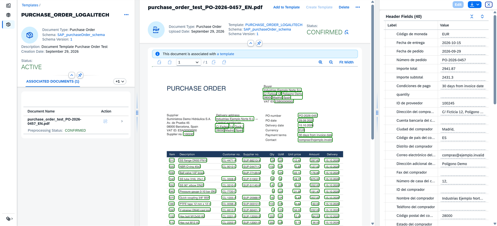 Plantilla PURCHASE_ORDER_LOGALITECH con un documento de muestra confirmado y los campos extraídos marcados sobre el PDF