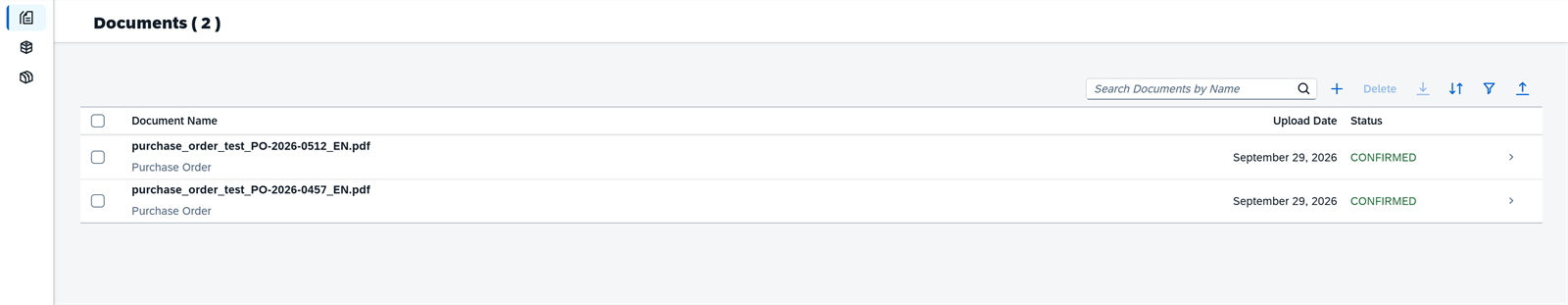 Lista de documentos en Document AI con dos pedidos de compra en estado CONFIRMED