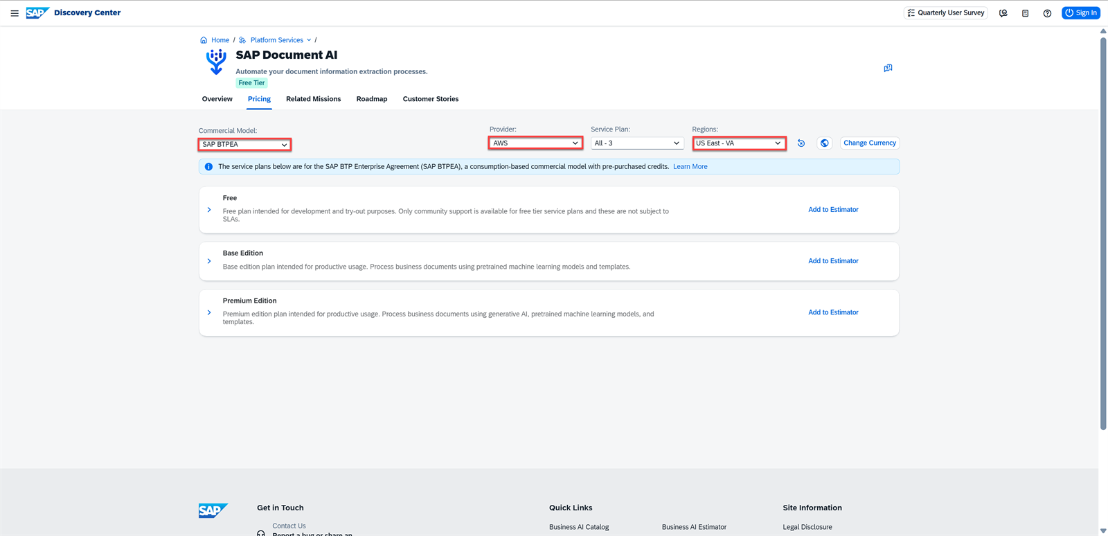 SAP Discovery Center: planes de SAP Document AI (Free, Base Edition y Premium Edition) para el modelo SAP BTPEA en AWS, región US East (VA)