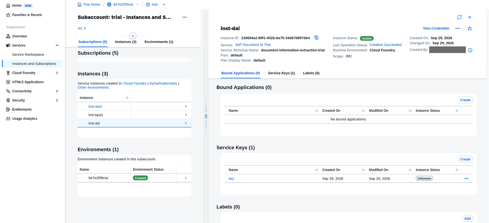 Instancia inst-dai de SAP Document AI en un subaccount trial, con nombre técnico document-information-extraction-trial, plan default y una service key creada