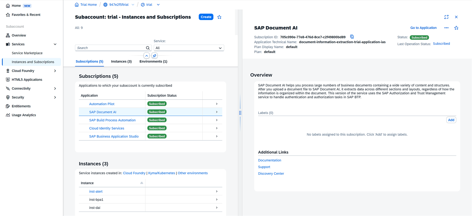 Suscripción a SAP Document AI en estado Subscribed dentro de Instances and Subscriptions
