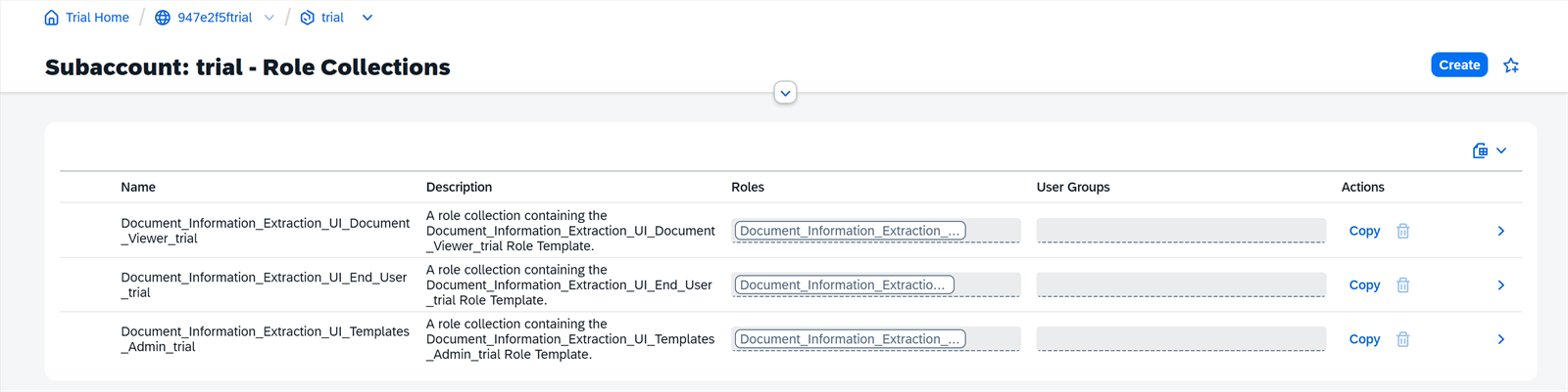 Role collections de Document AI en el subaccount trial: Document_Viewer, End_User y Templates_Admin