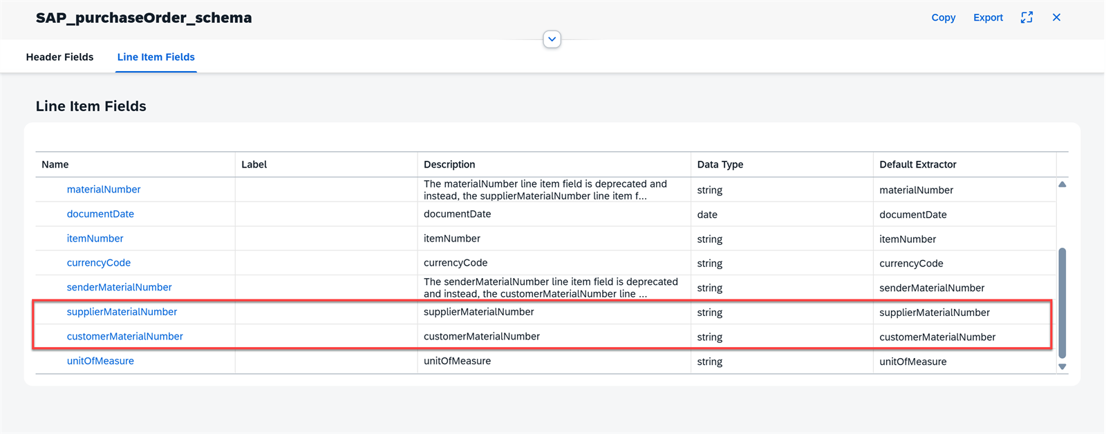 Pestaña Line Item Fields del schema estándar SAP_purchaseOrder_schema, con los campos supplierMaterialNumber y customerMaterialNumber resaltados