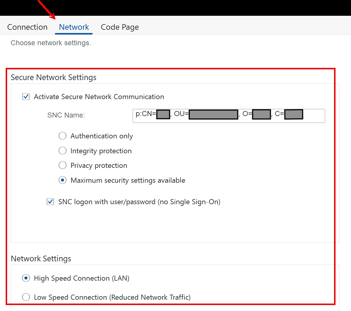 Pestaña Network de SAP Logon para Windows con SNC activado, el SNC Name y la opción Maximum security settings available