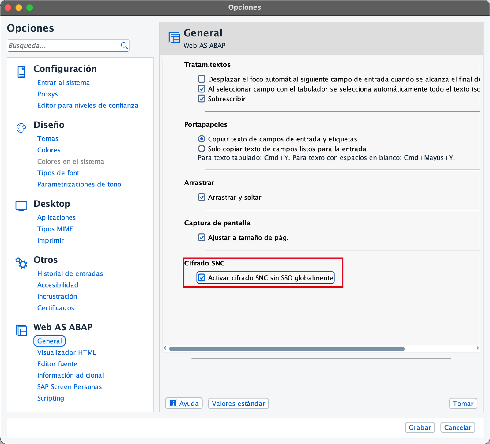 Opciones de SAP GUI for Java, apartado Web AS ABAP, General, con la casilla Activar cifrado SNC sin SSO globalmente marcada
