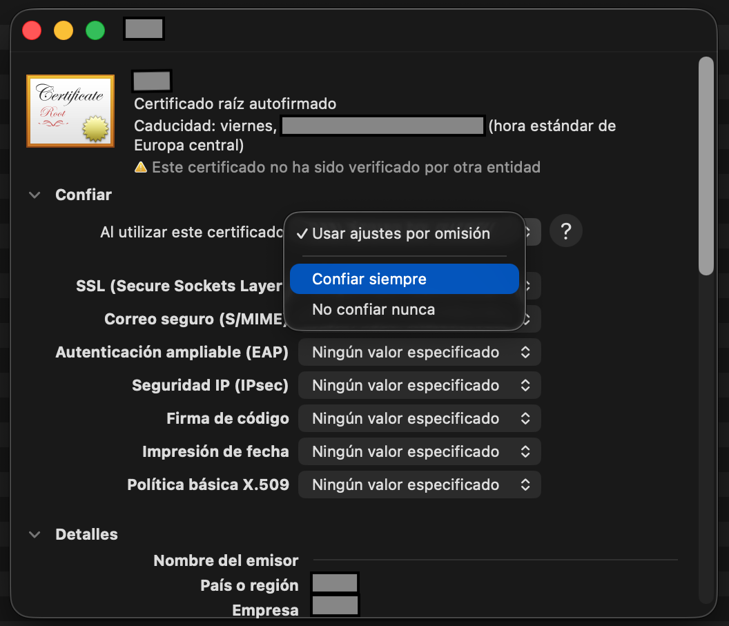 Detalle de un certificado raíz autofirmado en Acceso a Llaveros con el desplegable Al utilizar este certificado abierto en Confiar siempre