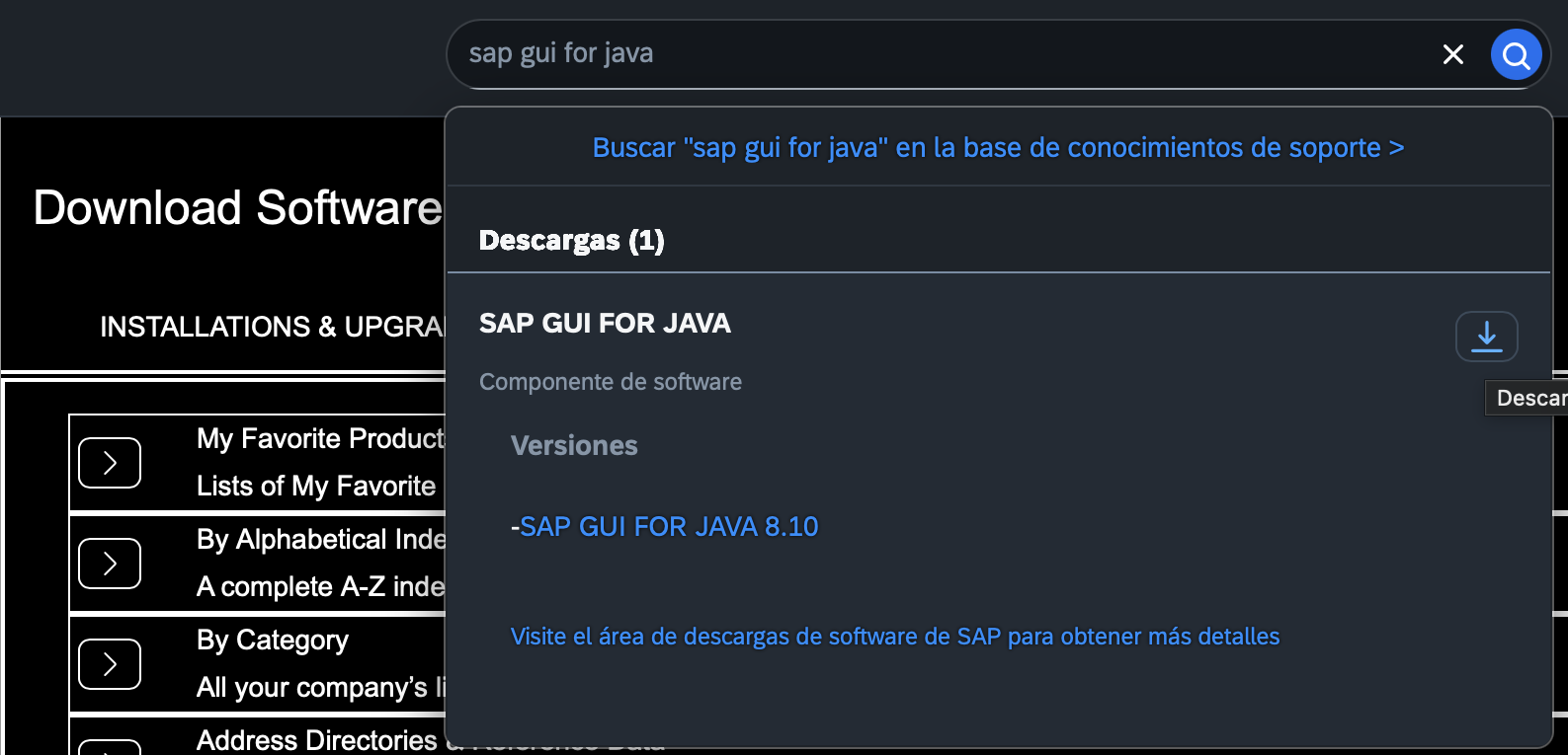 Buscador de SAP for Me con el componente SAP GUI FOR JAVA y su versión 8.10
