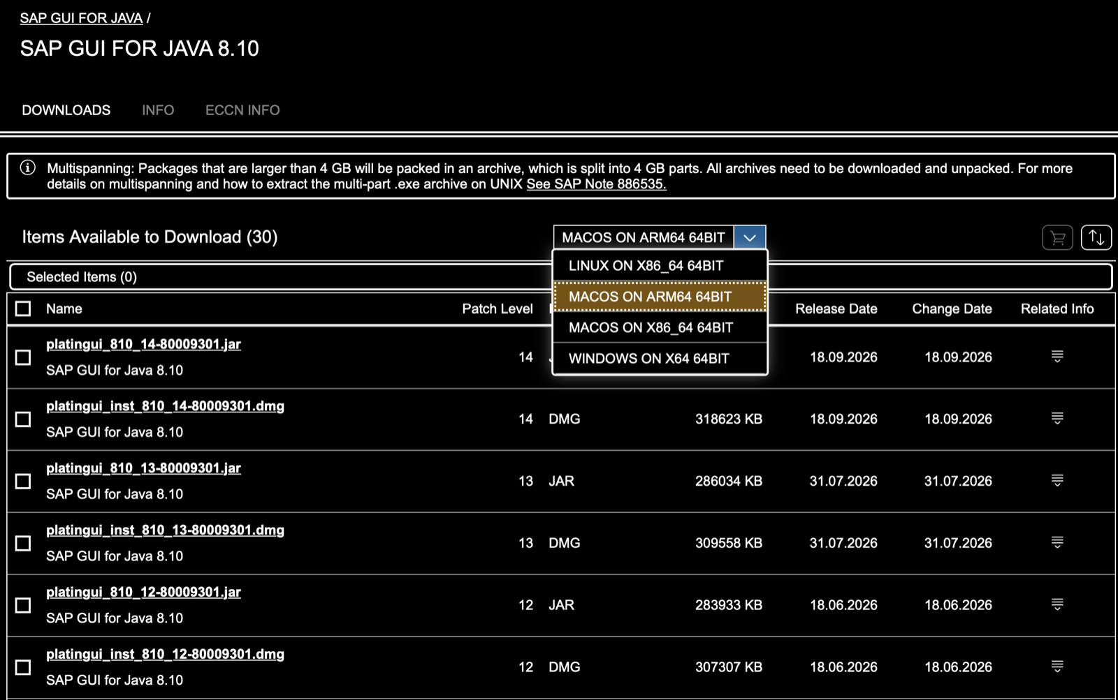Lista de descargas de SAP GUI for Java 8.10 con la plataforma MACOS ON ARM64 64BIT seleccionada