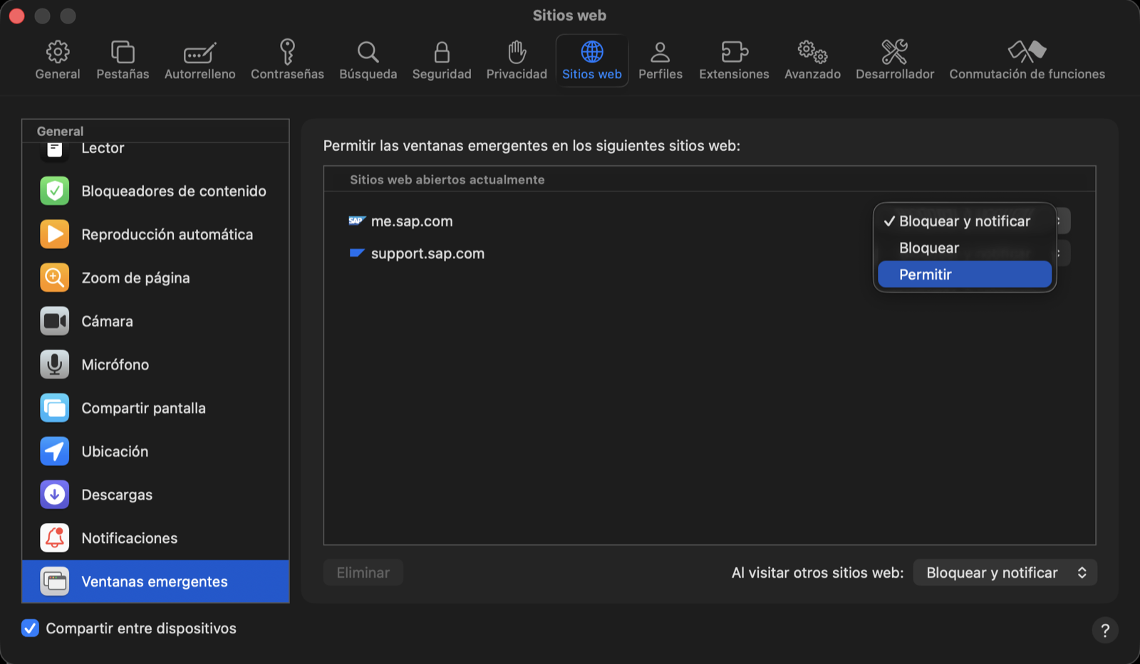 Ajustes de Safari, apartado Ventanas emergentes, con la opción Permitir para me.sap.com