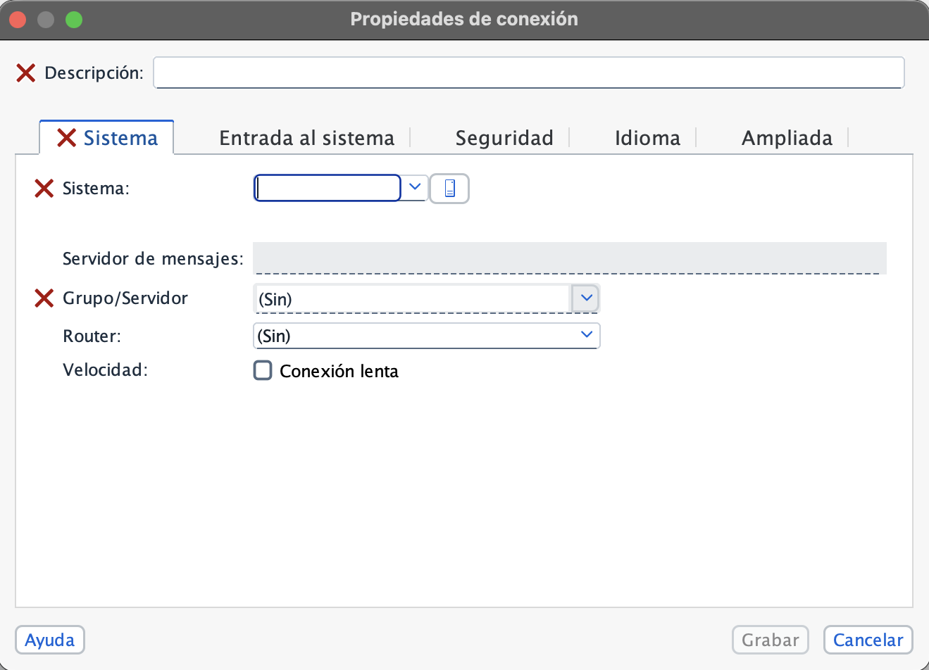 Pestaña Sistema de las propiedades de conexión con los campos obligatorios Sistema y Grupo/Servidor y el servidor de mensajes en gris
