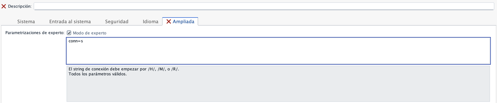 Pestaña Ampliada en modo de experto con el string conn=s y el mensaje de error de la validación