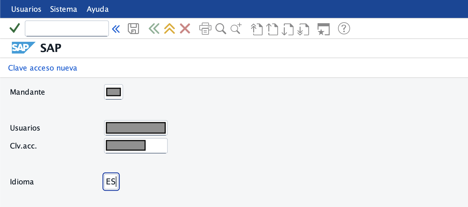 Pantalla de acceso de SAP GUI for Java con los campos Mandante, Usuarios, Clv.acc. e Idioma