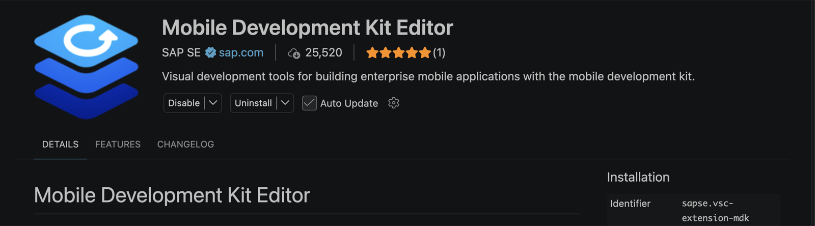 Extensión Mobile Development Kit Editor de SAP SE en el marketplace de VS Code, con el identificador sapse.vsc-extension-mdk