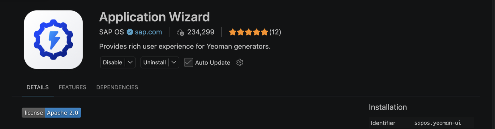 Extensión Application Wizard de SAP OS, con el identificador sapos.yeoman-ui