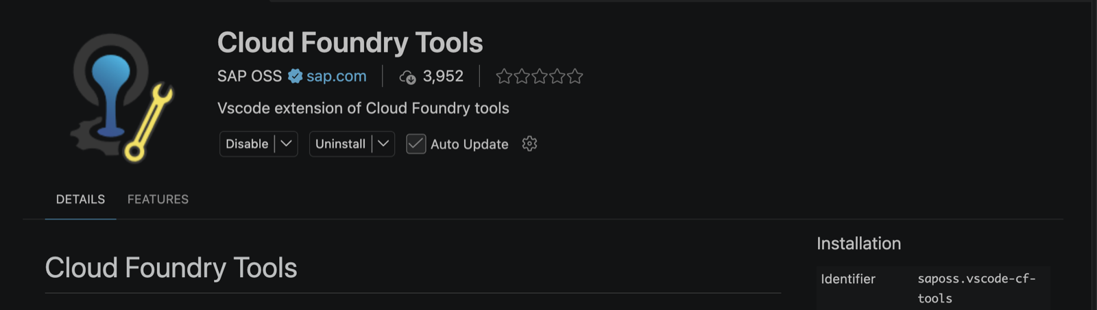 Extensión Cloud Foundry Tools de SAP OSS, con el identificador saposs.vscode-cf-tools