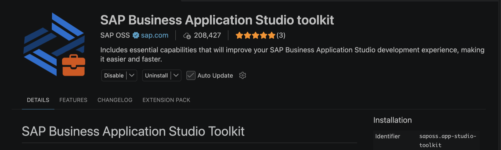 Extensión SAP Business Application Studio toolkit de SAP OSS, con el identificador saposs.app-studio-toolkit