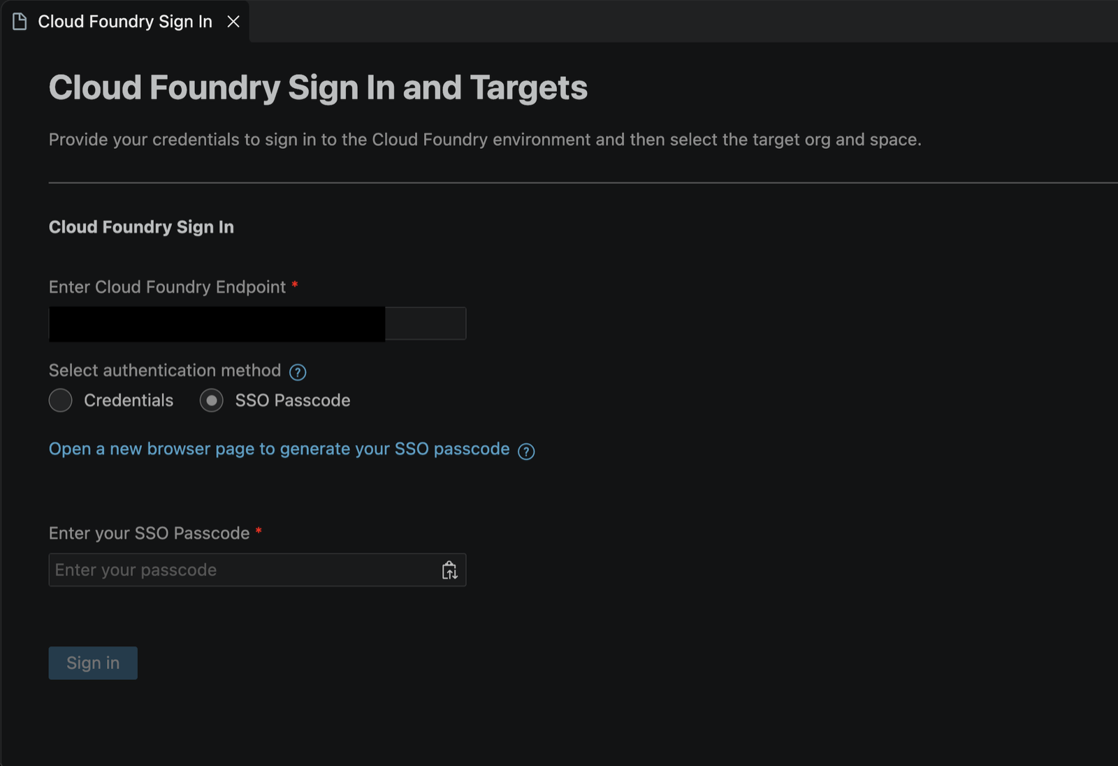 Página Cloud Foundry Sign In and Targets de VS Code, con el campo del endpoint y la elección entre Credentials y SSO Passcode