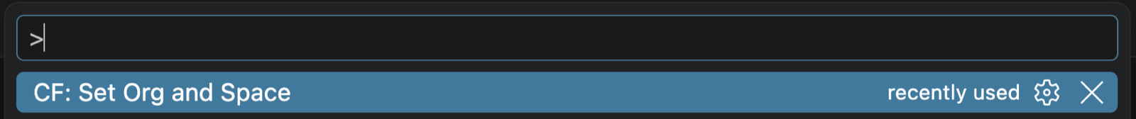 Paleta de comandos de VS Code con el comando CF: Set Org and Space