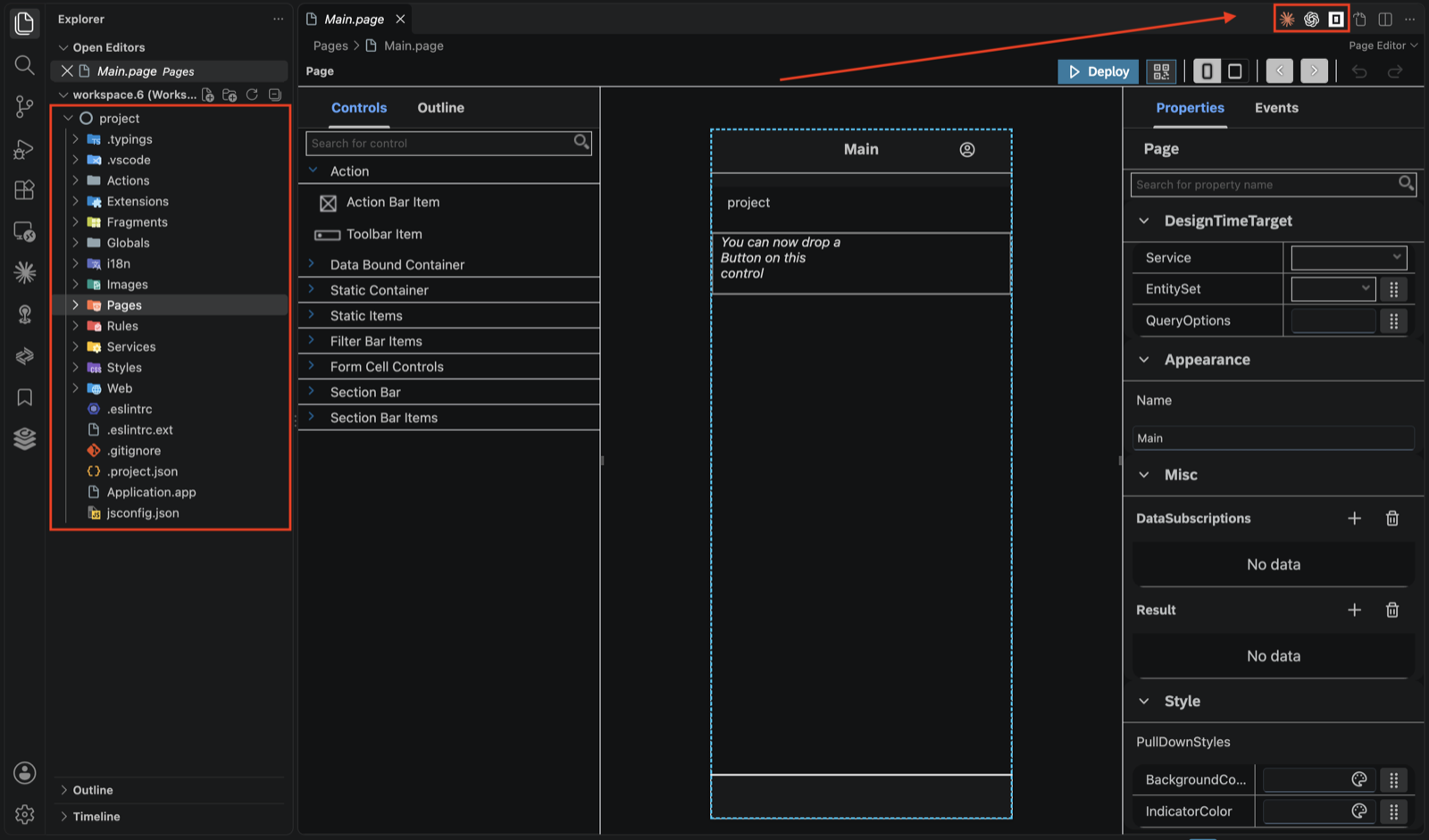 Proyecto MDK generado en VS Code, con sus carpetas en el explorador, Main.page abierto en el Page Editor gráfico y los agentes de programación en la barra de título del editor