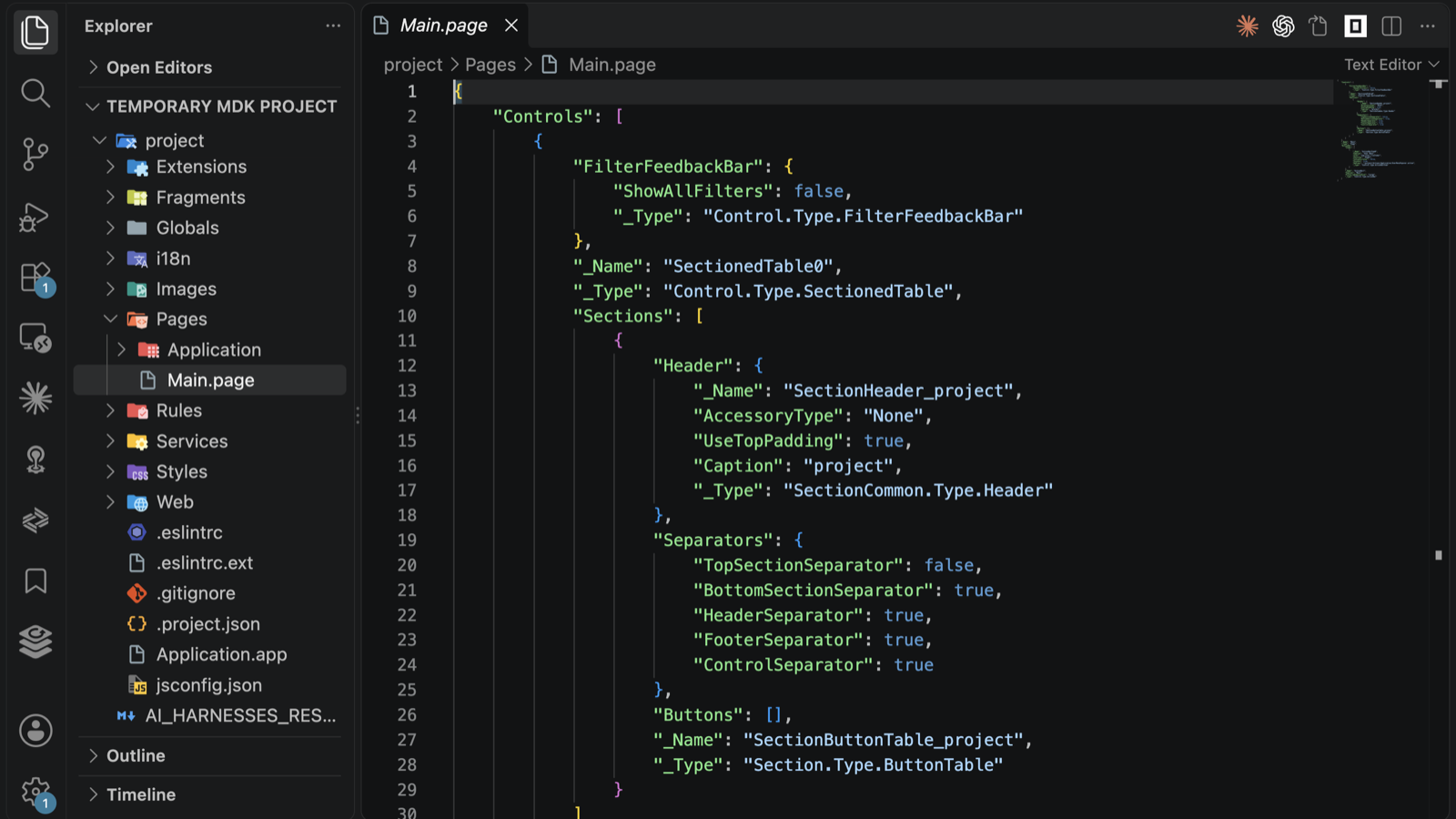 Main.page abierto como JSON en el editor de texto de VS Code, con los agentes de programación en la barra de título del editor