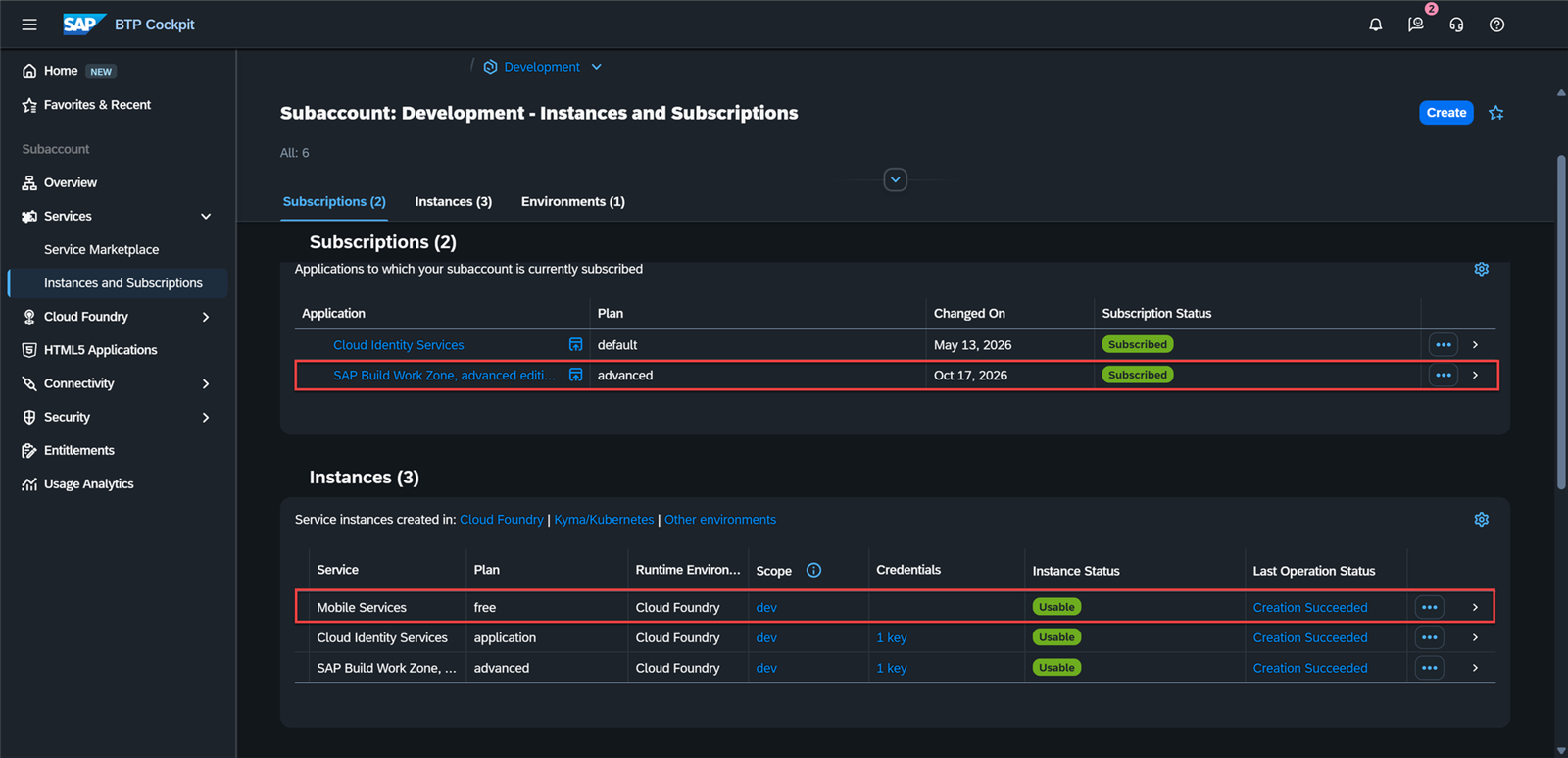 Instances and Subscriptions del BTP Cockpit con la suscripción y la instancia de SAP Build Work Zone, advanced edition, plan advanced, en estado Subscribed y Usable