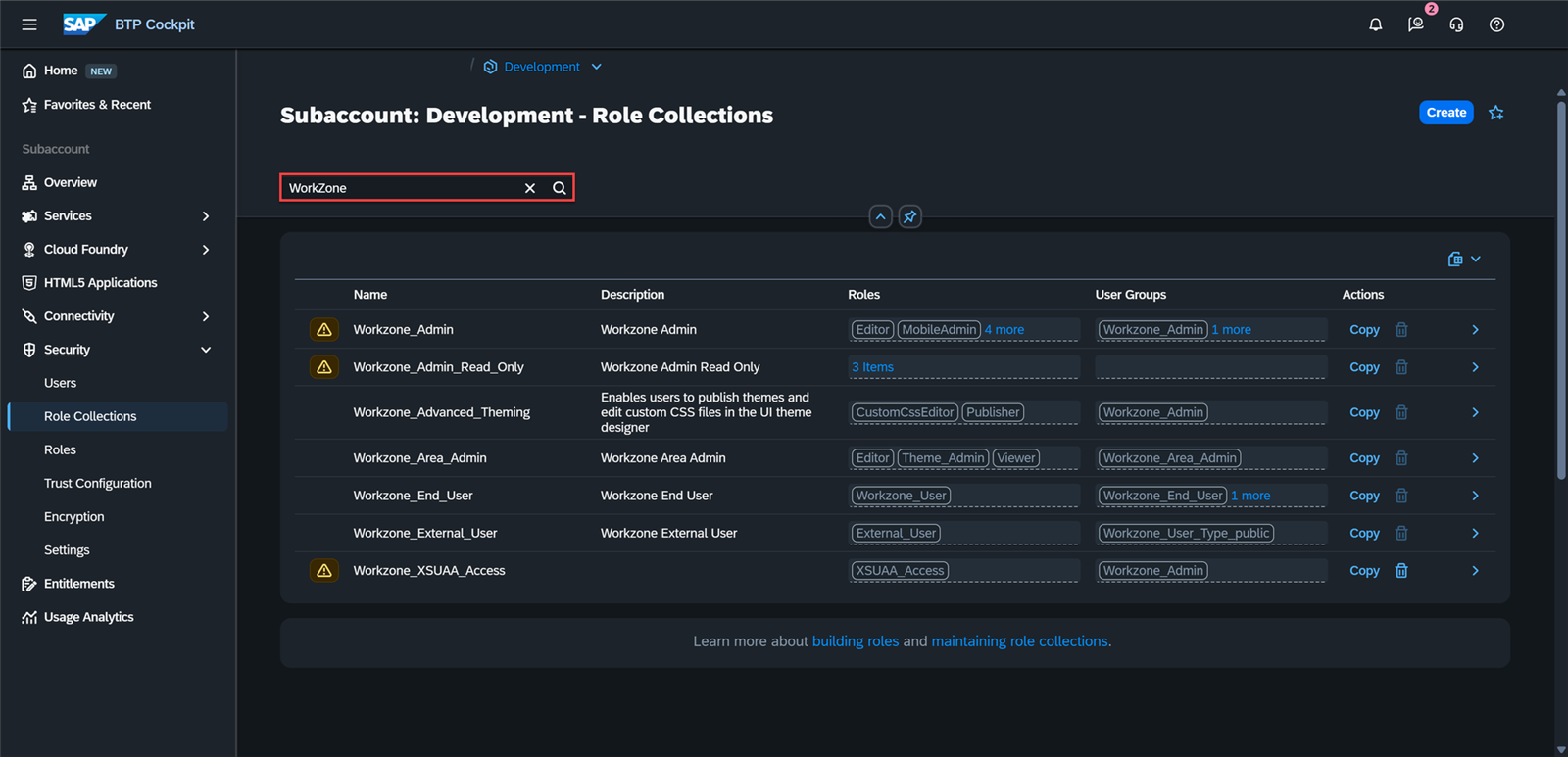 Role Collections de la subcuenta filtradas por WorkZone, con Workzone_Admin, Workzone_Area_Admin y Workzone_End_User entre otras