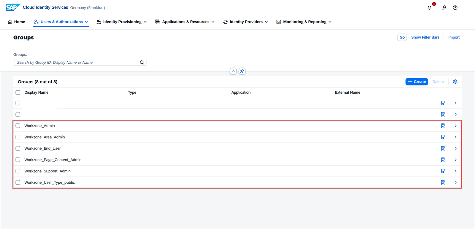 Lista de grupos Workzone en SAP Cloud Identity Services, con seis grupos resaltados